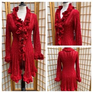 New Sioni Red Ruffled Sweater Cardigan SZ M